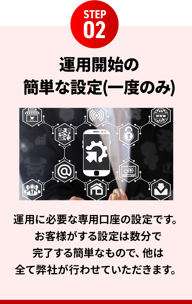 STEP02 運用開始の簡単な設定(一度のみ)運用に必要な専用口座の設定です。お客様がする設定は数分で完了する簡単なもので、他は全て弊社が行わせていただきます。